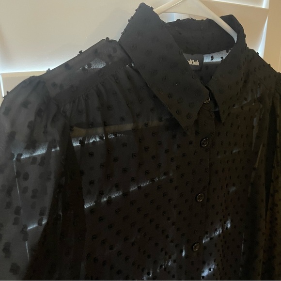 Modcloth Black Long-Sleeve Sheer Polka Dot Blouse, Small - Picture 4 of 11
